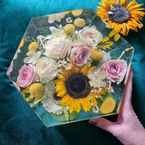 bloemen in epoxy: hexagon / hart 